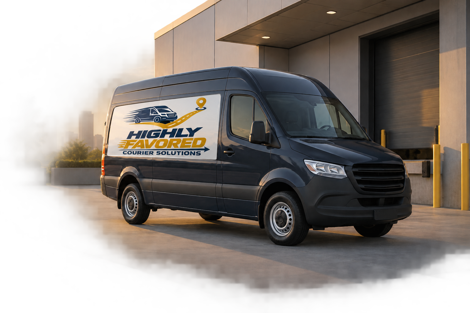 Illustrative cargo van displaying the Highly Favored Courier Solutions logo at a commercial loading entrance