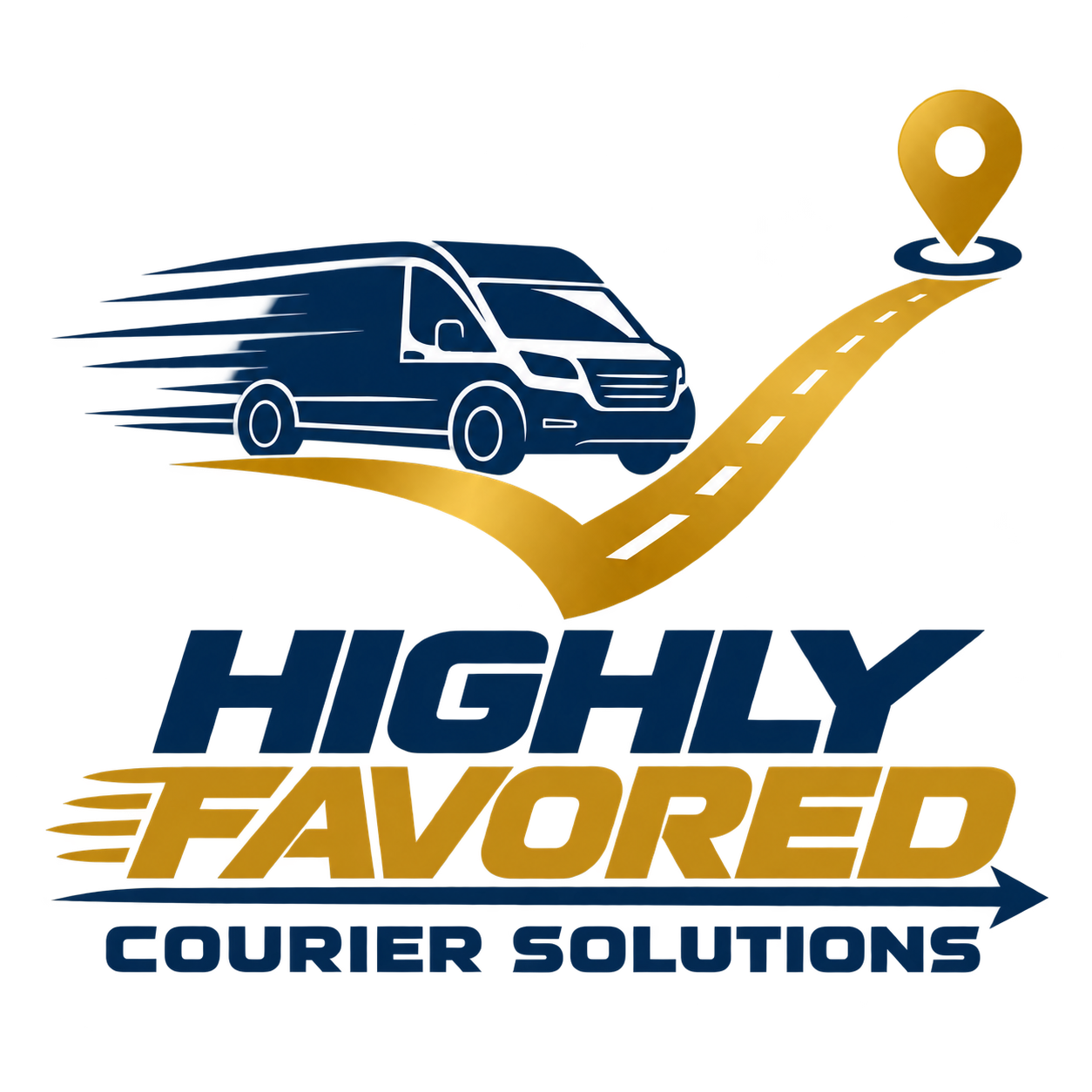 Highly Favored Courier Solutions van and gold checkmark logo